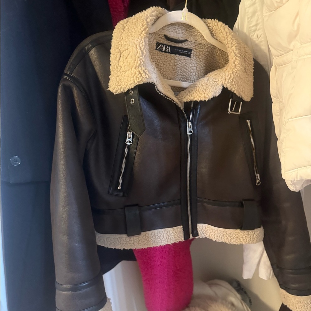 Zara Brown Faux Leather Sherpa Jacket - Cozy  Collar size xs